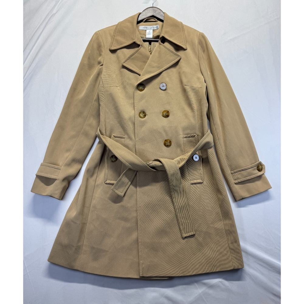 Larry Levine Trench Coat Womens Medium Tan Double Breasted Belted Waist Business